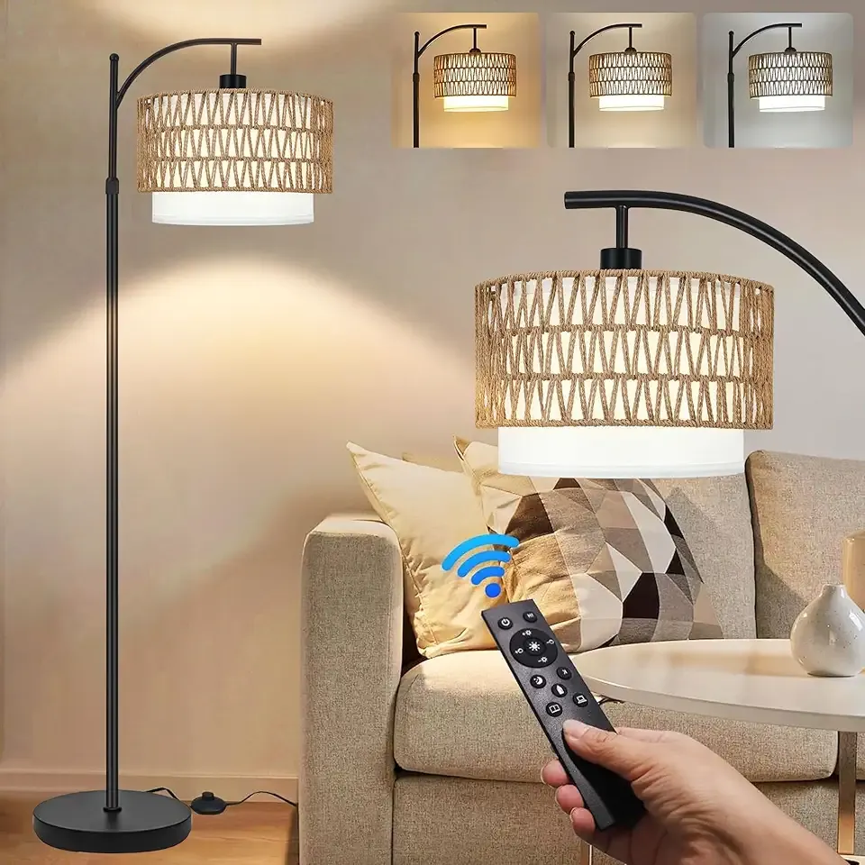 Arc Floor Lamp for Living Room Boho Floor Lamps with Remote Control & with 3 Color Temperatures,Rattan Wicker Standing Lamp Dimmable Tall Floor Lamp for Bedroom Living Room Corner