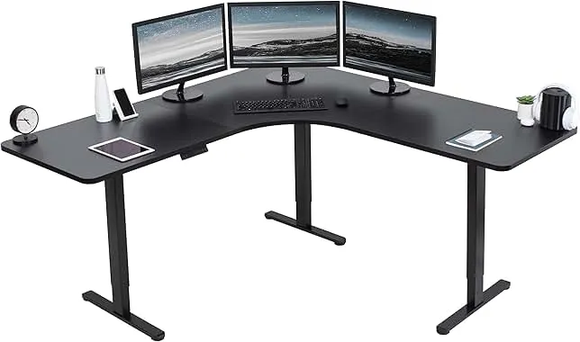 VIVO Electric Height Adjustable 71 x 71 inch Curved Corner Stand Up Desk, Black Table Top, Black Frame, Memory Controller, L-Shaped Workstation, E3C Series, DESK-KIT-E3CB2