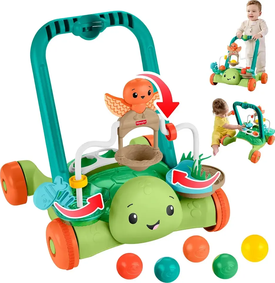 Fisher-Price Moves with You Turtle Walker Baby Push Toy | Non-Electronic, Sensory Busy Activities, 5 Balls, Infants Ages 6+ Months