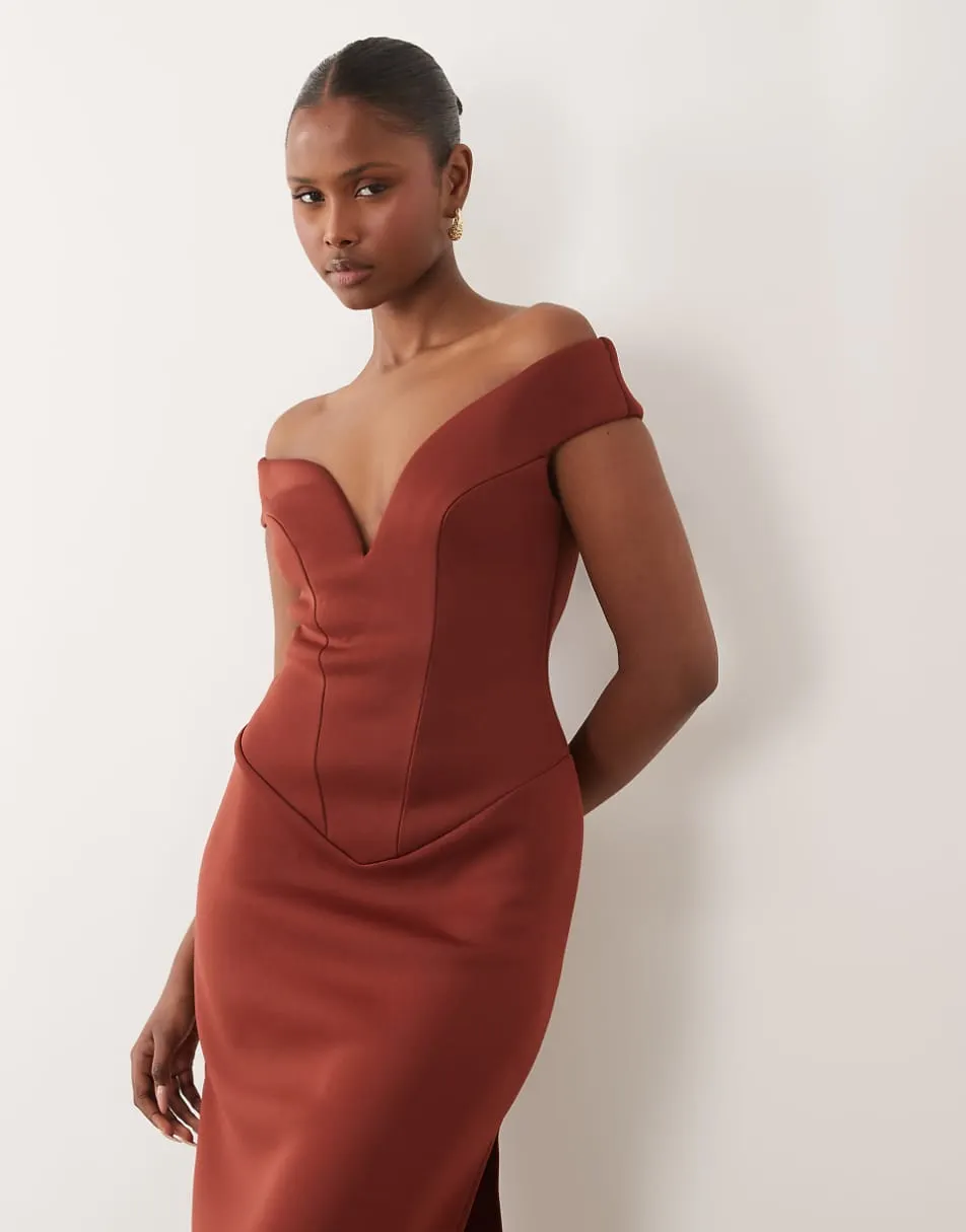 ASOS DESIGN v plunge bardot midi dress in red scuba-style fabric