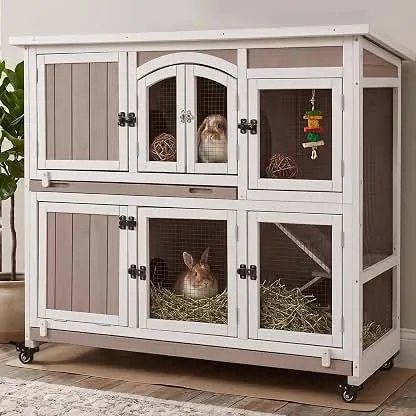 Gowoodhut 47" L Large Rabbit Hutch, 2-Story Bunny Cage on 4 Wheels | 2 Deep Pull-Out Trays, Ramp and Large Resting Area for Small to Medium Animals, Indoor and Outdoor Use Gowoodhut 47" L Large Rabbit Hutch, 2-Story Bunny Cage o…