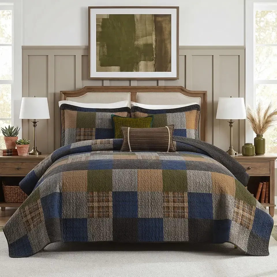 Finlonte Plaid King Size Quilt, 5 Pieces Lightweight Cotton Quilted Bedspread, Farmhouse Patchwork King Comforter Sets, Soft Reversible King Quilt Bedding Set for All Season, Brown/Green/Gray/Blue