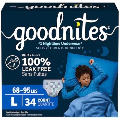 Boys' Nighttime Bedwetting Underwear, Size Large (68-95 lbs), 34 Ct