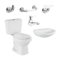 Combo Ecoline Blanco: Sanitario Dos Piezas Ecoline + Lavamanos Milano + Grifería Lavamanos Sencilla Serrat + Accesorios x3 Valencia Corona