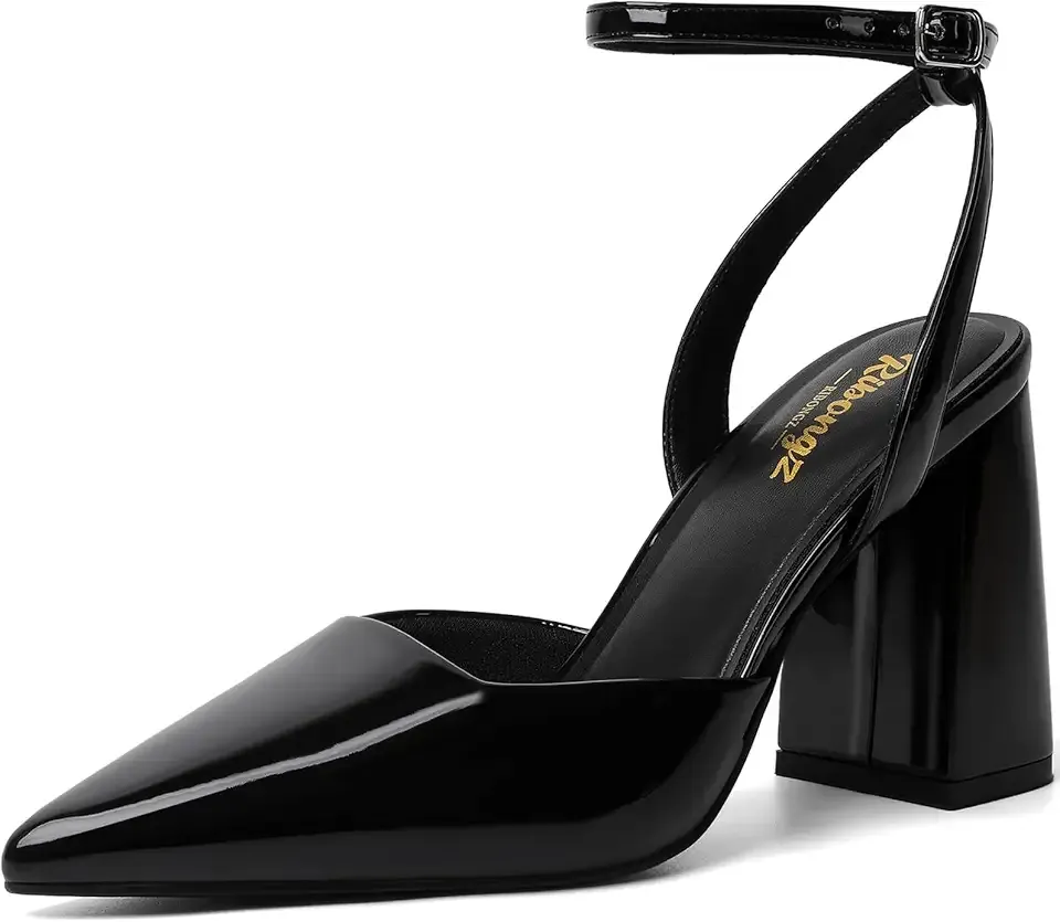 Block Heels for Women Closed Pointed Toe Heeled Slingback Chunky High Heel Ankle Strap Pumps Patent Leather Comfort Dressy Shoes for Work Party Prom Wedding Bridal Dress