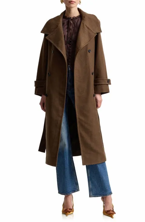 Belted Funnel Neck Herringbone Trench Coat