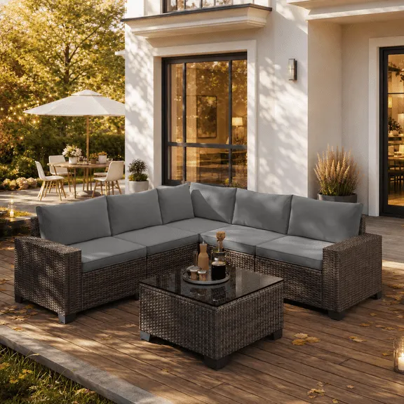 Deal, Aiho Outdoor Patio Furniture Set with All Weather Wicker, 6 Pieces Outdoor Sectional Sofa with Soft Cushions and Coffee Table, For Garden, Backyard, Poolside, Patio, Porch and Balcony - Gray