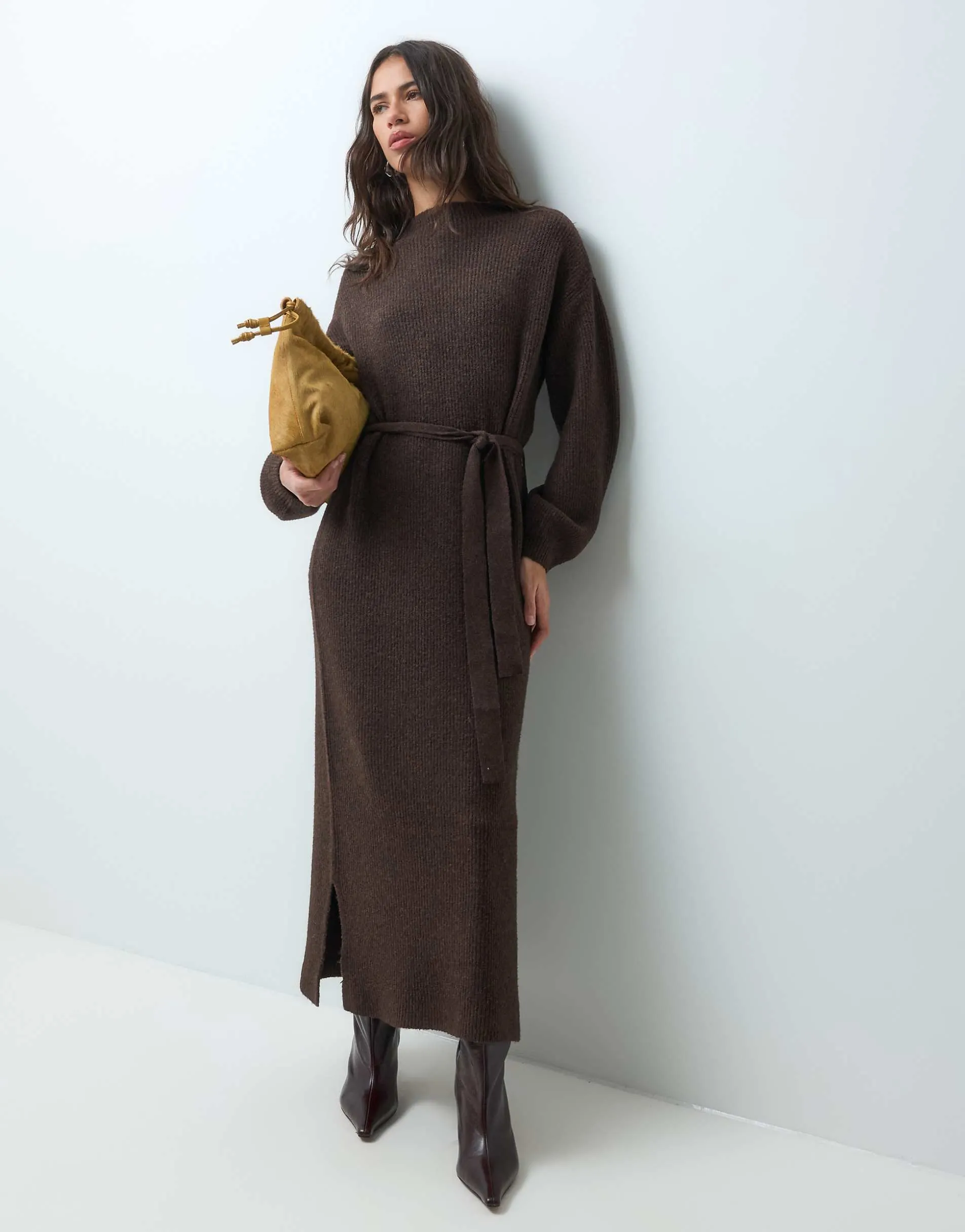 Vila tie waist chunky knitted maxi dress in chocolate brown