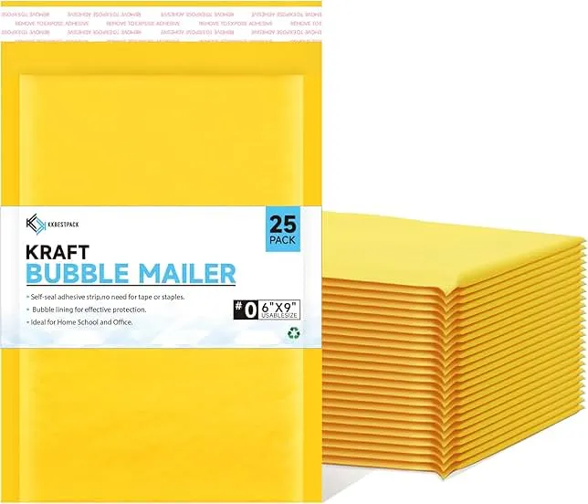 Kkbestpack Kraft Paper Bubble Mailers #0, 6x10 Inch Self-Seal Padded Mailing Envelopes, Usable Size 6x9, Pack of 25