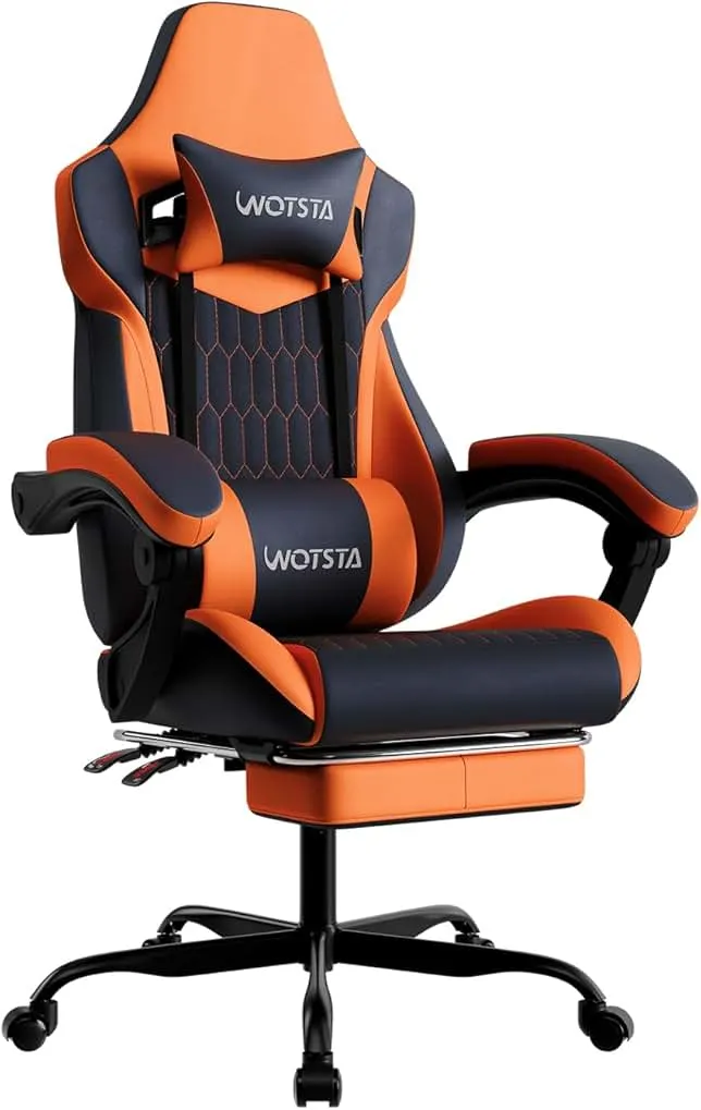 WOTSTA Gaming Chair with Footrest, High Back Gaming Chairs PVC Leather Ergonomic Gamer Chair with Adjustable Headrest Lumbar Suppo…