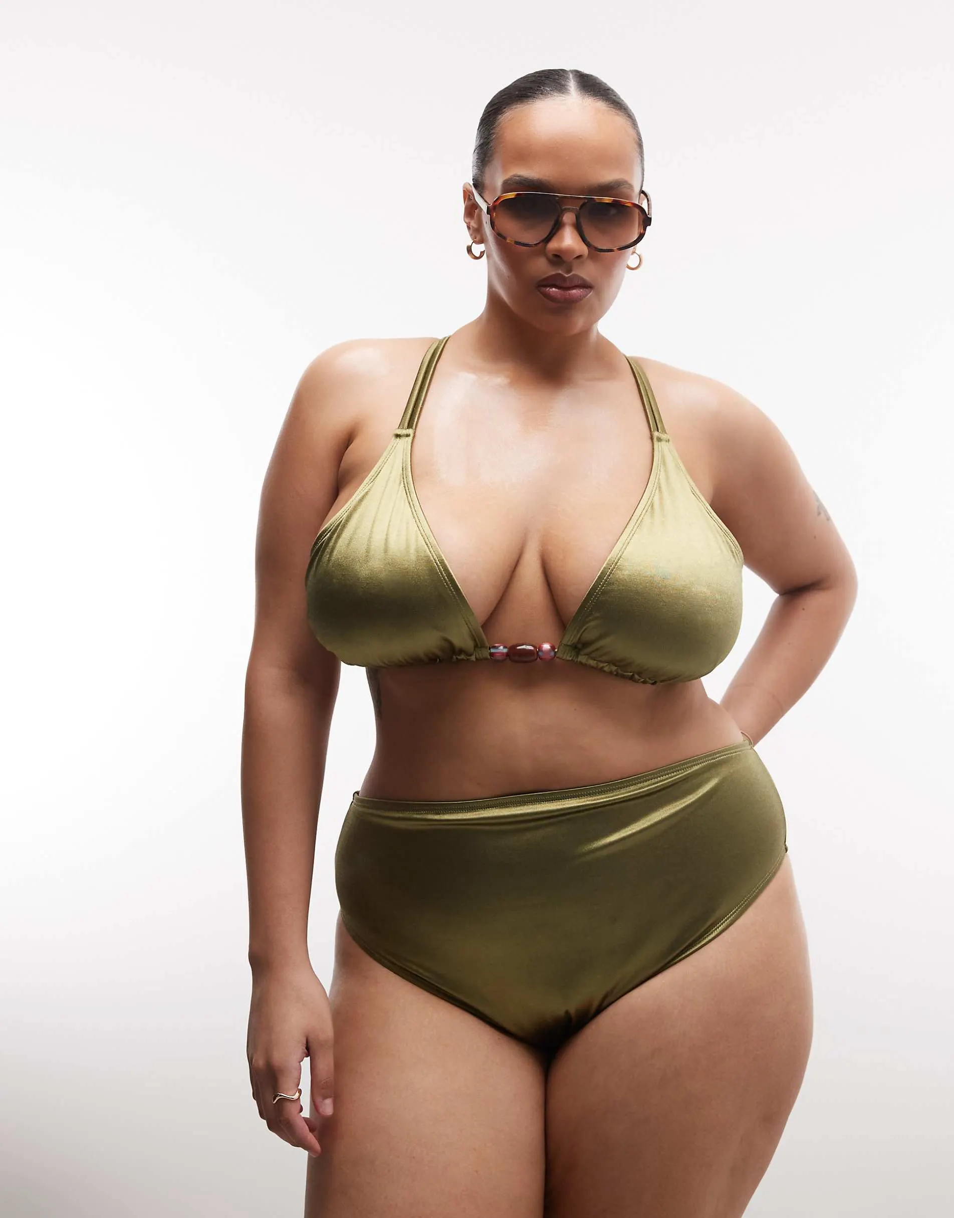 ASOS DESIGN Curve Keira high shine high apex triangle bikini top with strappy back and bead detail in olive