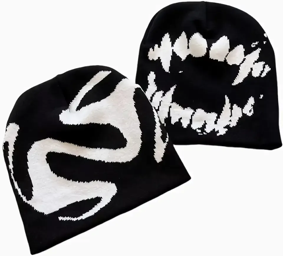 Black Graphic Beanie for Men Women, Streetwear y2k Knitted Hat, Slouchy Goth Skull Cap (2 pcs)