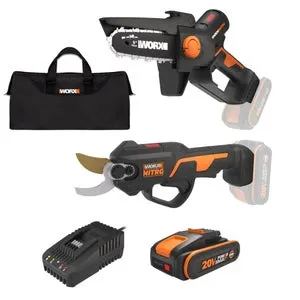 Pack Minimotosierra podadera + Tijera de poda a batería WORX 20V batería 2Ah