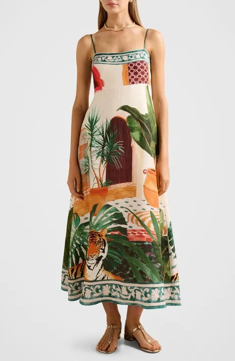 Bianca Print Linen Blend Midi Dress