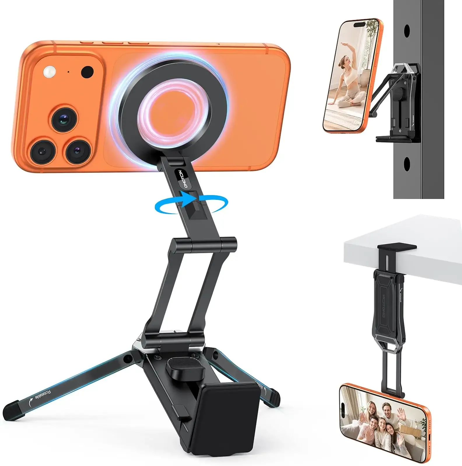 OMOTON TP02 Magnetic Phone Tripod for MagSafe, 360° Pivot, Clamp & Stand | 3-Way Compact Phone Mount with Clamp, Magnetic Back & Tabletop Stand for Vlogging, Gym, Travel & Kitchen