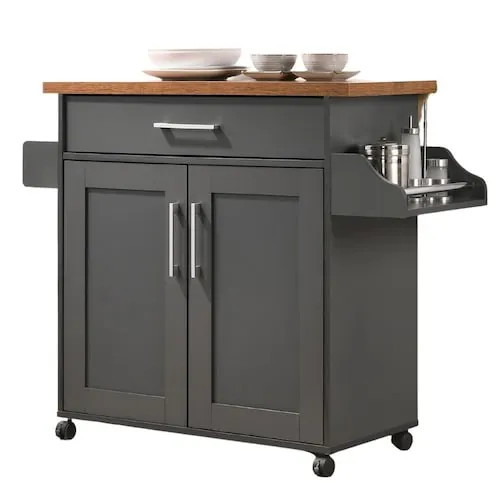 PRIVATE BRAND UNBRANDED Kitchen Island with Spice Rack and Towel Holder, Storage Cart, Utensil Drawer, Interior Cabinet Storage and Locking Wheels, Grey