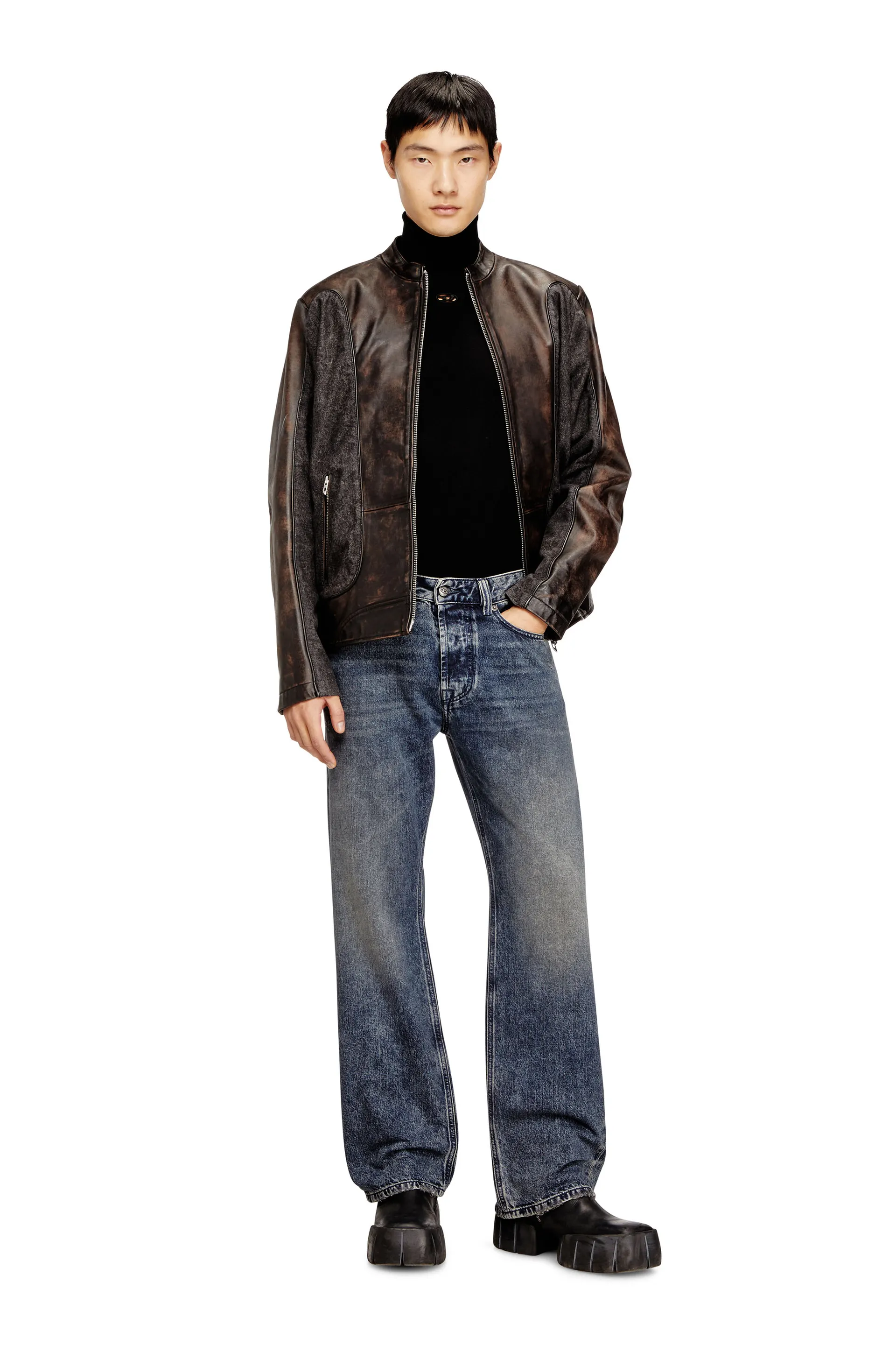 Piped biker jacket in leather and denim