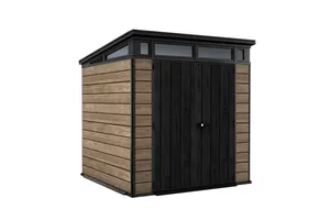 Casetta da giardino in polipropilene effetto legno 2 x 2 m, superficie esterna 4.7 m² e spessore parete 20 mm, con pavimento e porta a due ante, KETER Ashwood Pent