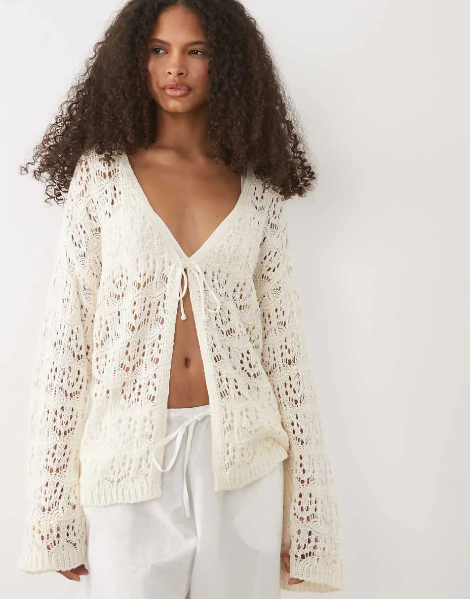 Miss Selfridge tie front boho cardigan in cream