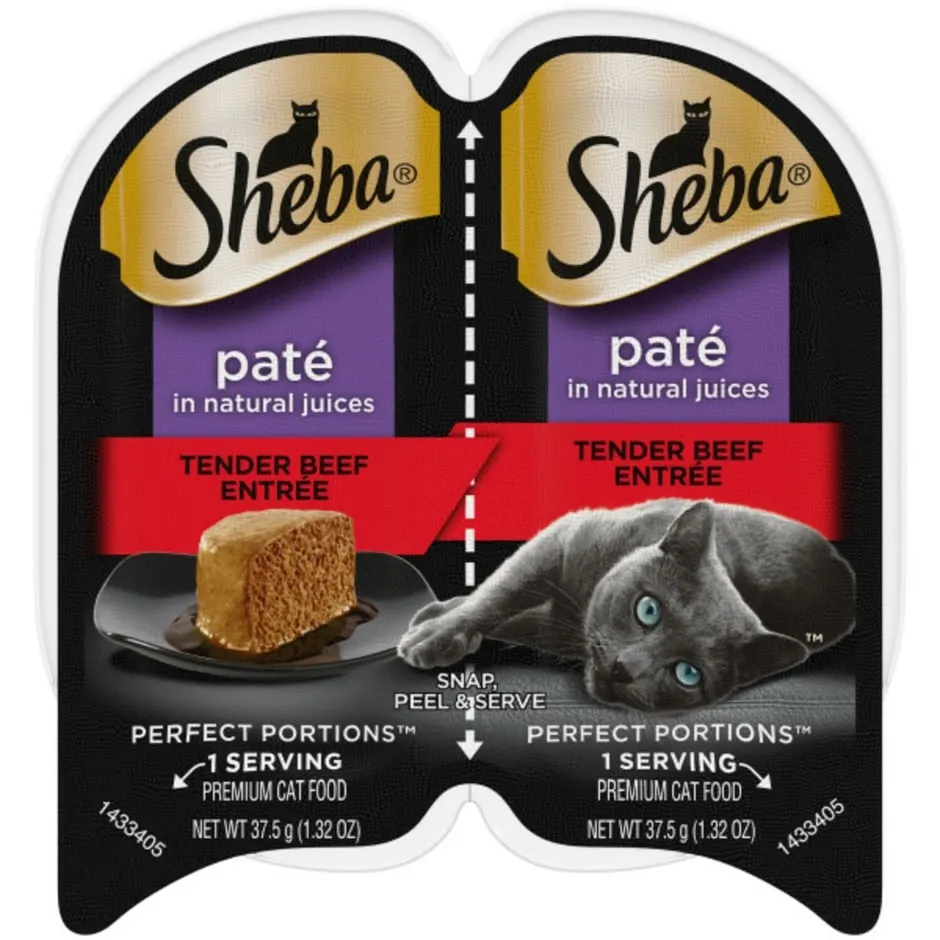 SHEBA Wet Cat Food Pate, Tender Beef Entree, (24) 2.6 oz. PERFECT PORTIONS Twin Pack Trays