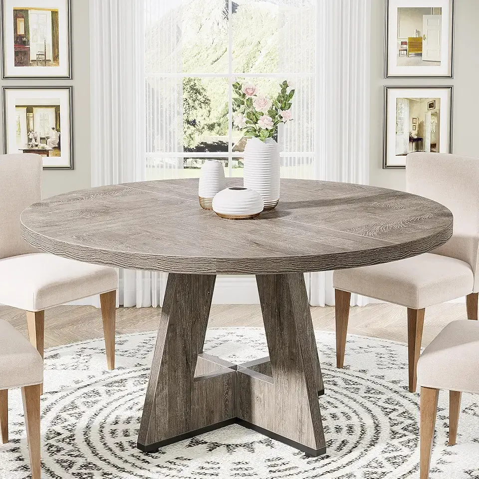Tribesigns 47 inch Round Dining Table Wood Kitchen Table for Dining Room, 47" Dinner Room Tables for 4-6, Farmhouse Accent Furniture with Wooden Tabletop and Cross Base, Rustic Grey | for Dining Room