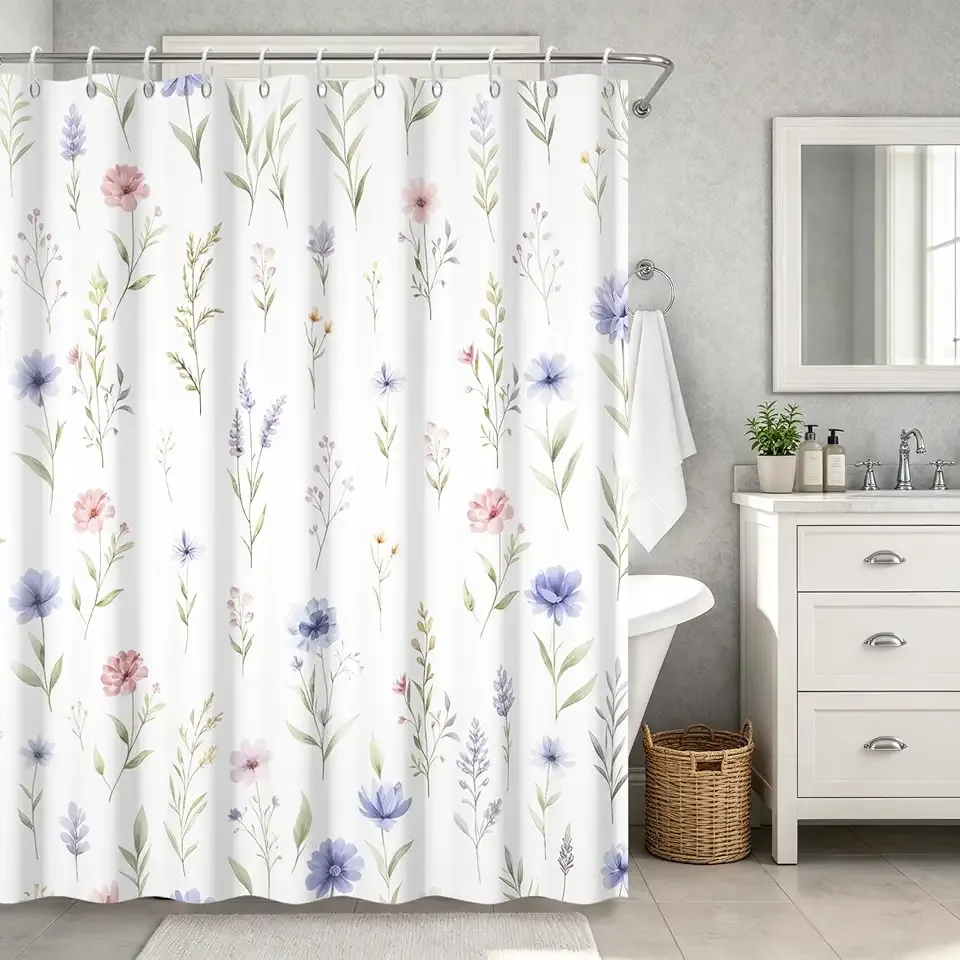 Watercolor Wildflower Shower Curtain, Pastel Purple Pink Floral Botanical Plant Fabric Bathroom Shower Curtain with Hooks, Waterproof Decorative Bath Curtain for Bathroom, 72" x 72"