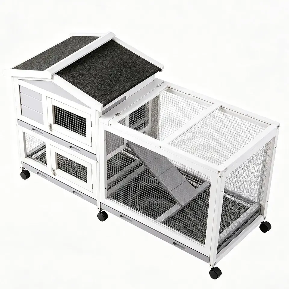 Wooden Rabbit Hutch Indoor & Outdoor, 2-Tier Spacious Small Animal Enclosure with Lockable Casters, 3 Pull Out Waterproof Trays, Ramp & Wire Mesh Panels, Bunny Guinea Pig Ferret Small Pet House Cage
