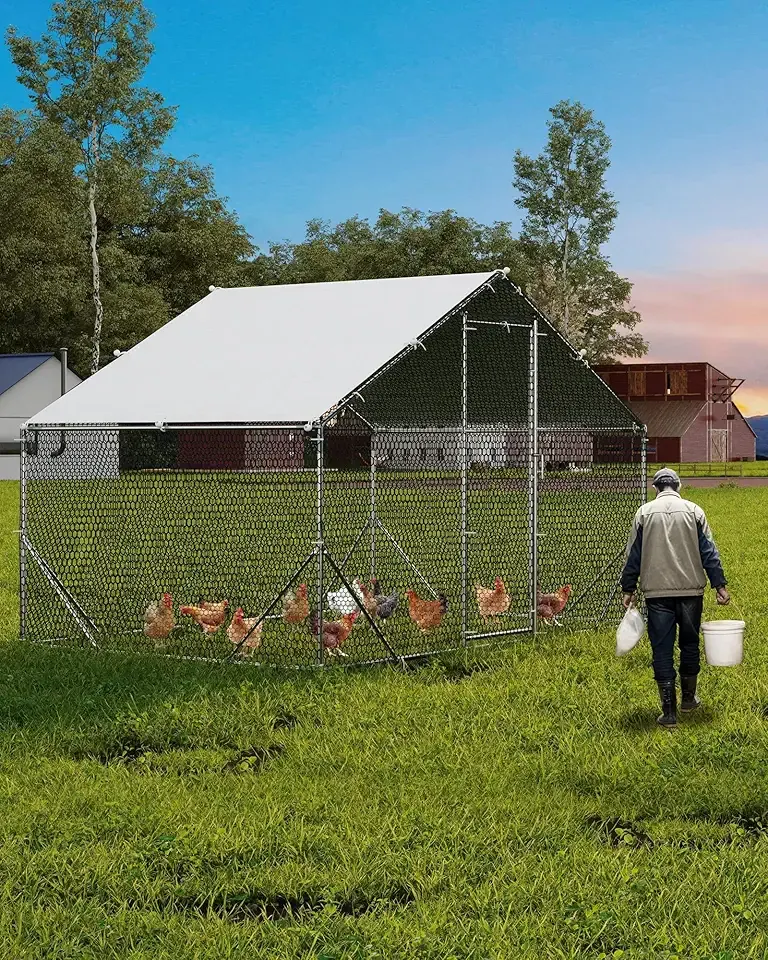 Large Metal Chicken Coop with Run, Walk-in Chicken Pen with Waterproof & Anti-UV Cover, Spire Roof Large Poultry Cage for Hen House, Duck Coop, Dog Kennel and Rabbit Run, 6.56 x 9.84 x 6.56 ft