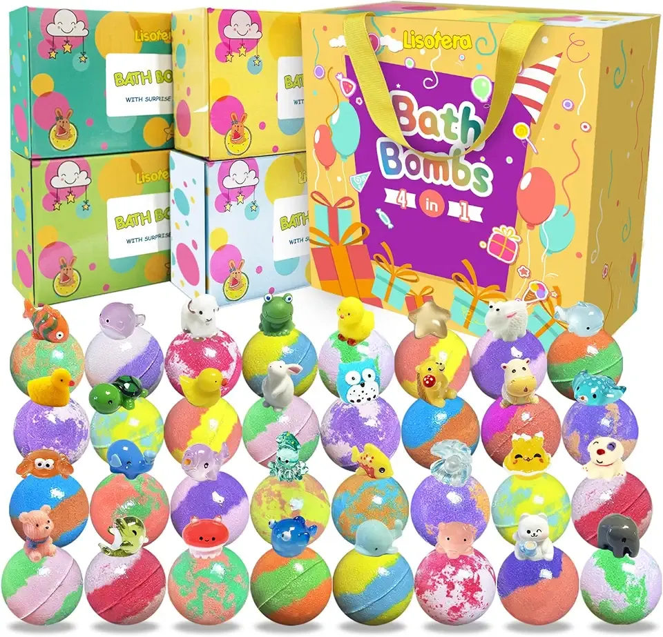 Bath Bombs for Kids with Surprise Inside, 32 Pack Kids Bath Bombs with Land & Sea Animal Toys, Handmade Fizzy Bubble Children Bath Ball Gift Set for Girls Boys Easter, Valentines Day, Birthday