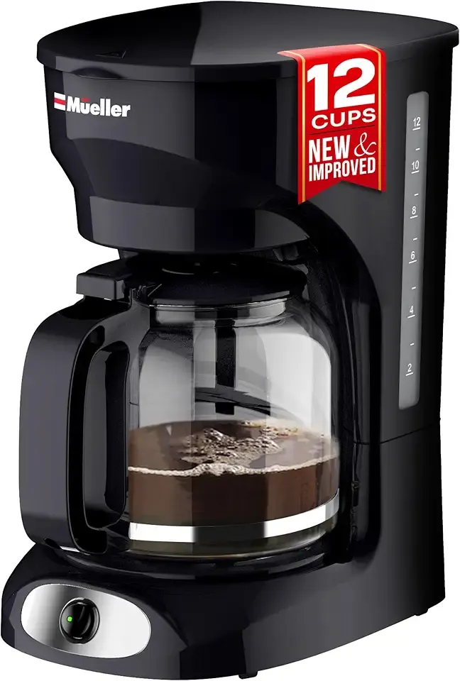 Mueller 12-Cup Drip Coffee Maker - Borosilicate Carafe, Auto-Off, Reusable Filter, Anti-Drip, Keep-Warm Function, Clear Water Level Window Coffee Machine, Kitchen Essentials & Accessories