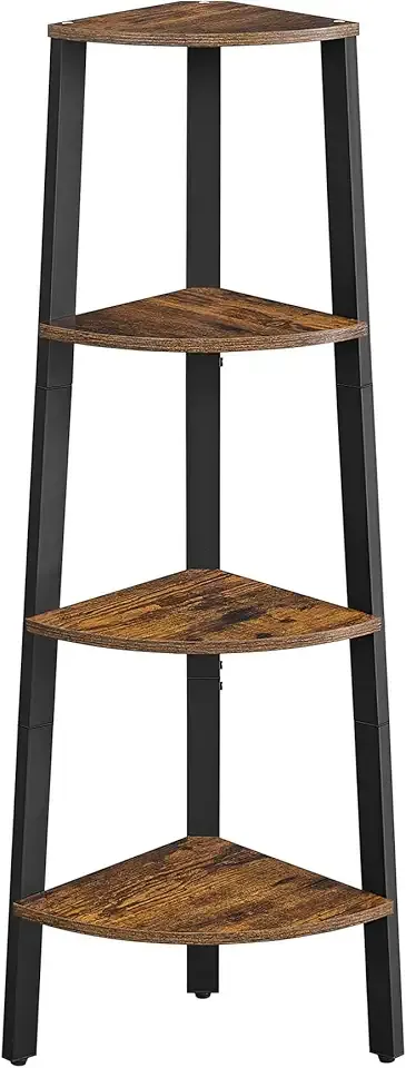 Corner Shelf Stand, 4-Tier Corner Bookshelf, Industrial Ladder Shelf, Plant Stand for Living Room, Office, Kitchen, Rustic Brown and Black ULLS34X