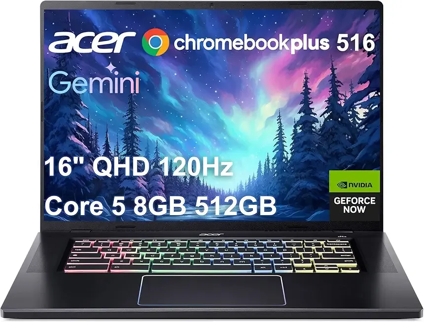 Acer Chromebook Plus 516 GE Laptop (16" 3K 120Hz, Intel Core 5 120U, 8GB RAM, 512GB SSD, NVIDIA GeForce NOW, 2TB Cloud Storage, (10-Core>i7-1165G7)) Cloud Gaming, RGB Backlit, 1080p Webcam, Chrome OS