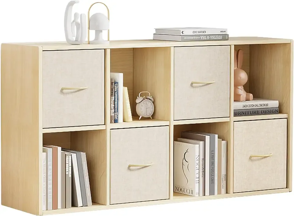 8 Cube Storage Organizer - Solid Wood Bookshelf with 4 Storage Bins, Cube Shelf with 2 Removable Back Panels, Vertical or Horizontal Bookcase, Open Book Shelf for Bedroom, Living Room, Office