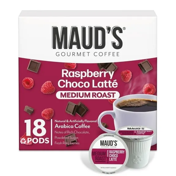 Maud's Raspberry Chocolate Flavored Coffee Pods, 18 ct, Medium Roast Flavored Coffee in Recyclable Single Serve Pods – 100% Arabica Coffee, Compatible with Keurig K Cups Maker
