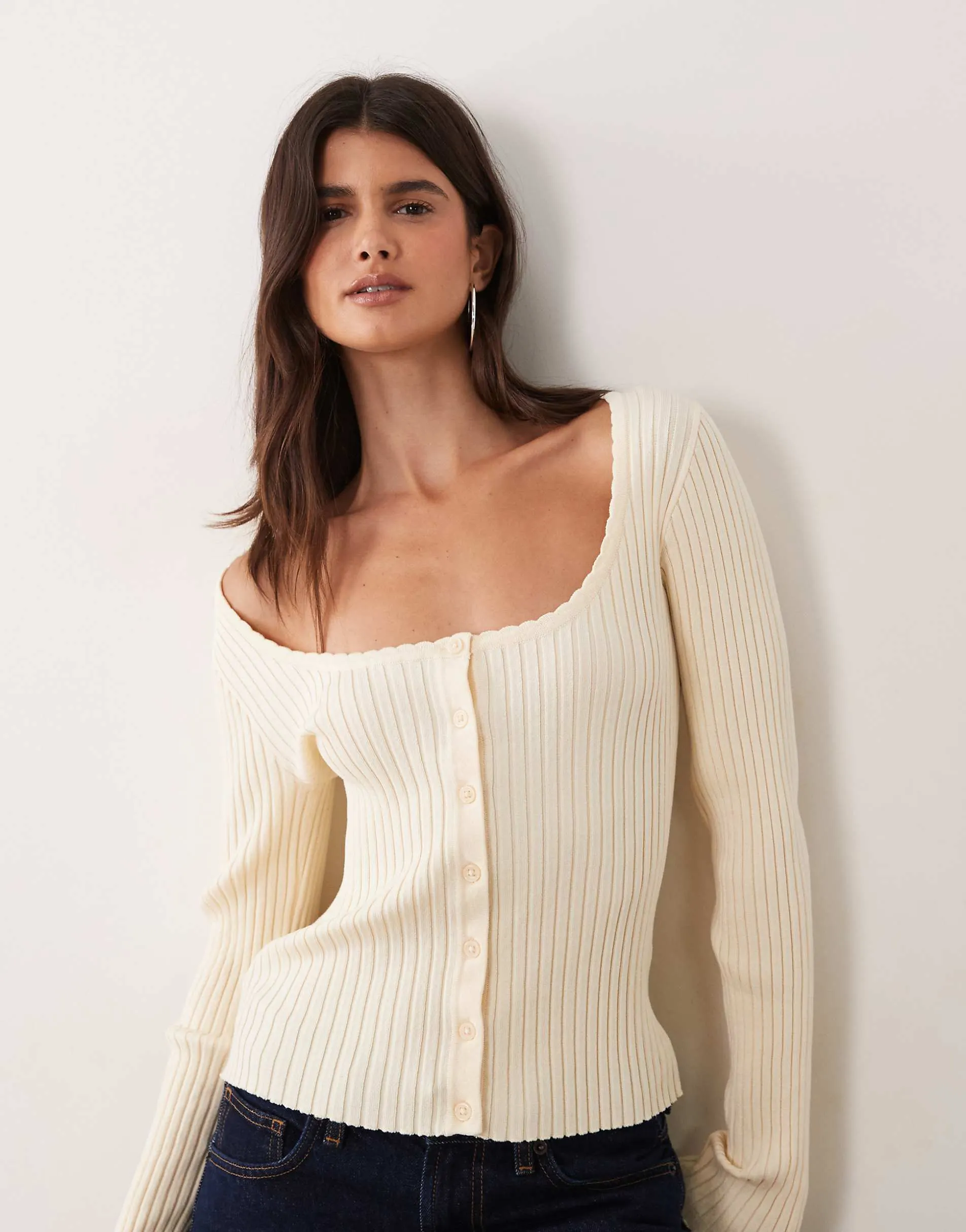 Miss Selfridge rib knit scoop neck button through top in cream