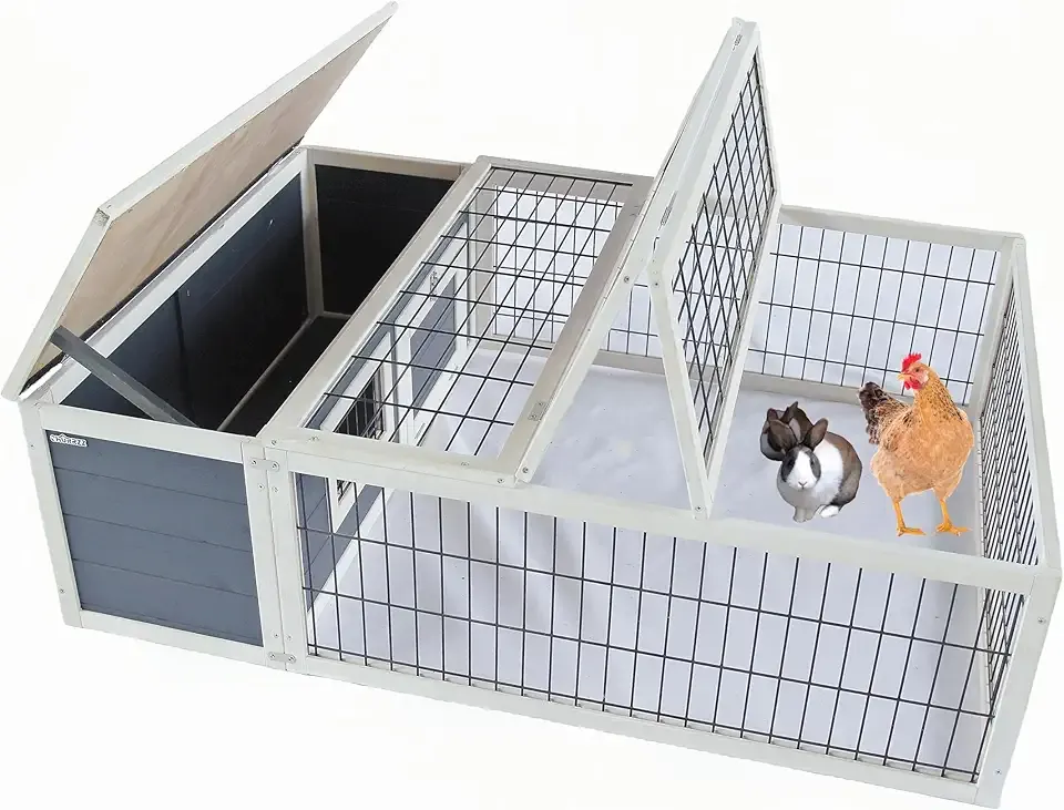 49" Wooden Rabbit Hutch with Waterproof Opening Roof, Ventilation & Door-Ramp, Outdoor Bunny Cage with Wire Run Enclosure