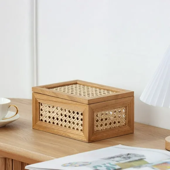 Home Decor Collection Sterling & Noble Home Oblong Rattan and Wood Decorative Tabletop Box