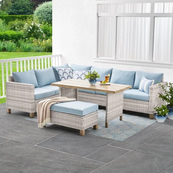 Rollback, Better Homes & Gardens Brookbury Outdoor Sectional Steel Resin Wicker 4 Piece Set White Wicker/Chambray Blue Cushions