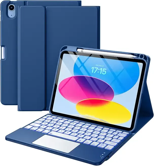 Harvopu Compatible for iPad 11th 10th Generation Case with Keyboard, Folio Cover with Pencil Holder, Multi-Touch Trackpad, 7 Color Backlit, Detachable Keyboard for iPad (A16) 11th/10th Gen (Navy Blue)