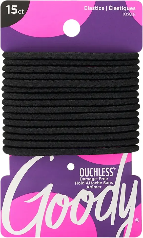 Goody Ouchless Hair Elastics – No Pull, No Breakage, Tangle-Free Hold for Thick, Curly, Coily & Textured Hair – 15 Count, Black, Long-Lasting Ponytail Holders for Women & Men