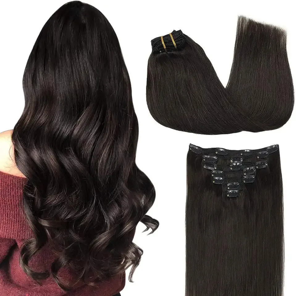 GOO GOO Clip in Hair Extensions Real Human Hair, Remy Human Hair Extensions Clip ins for Women, Natural Human Hair, 20inch 120g 7Pcs, 2 Dark Brown