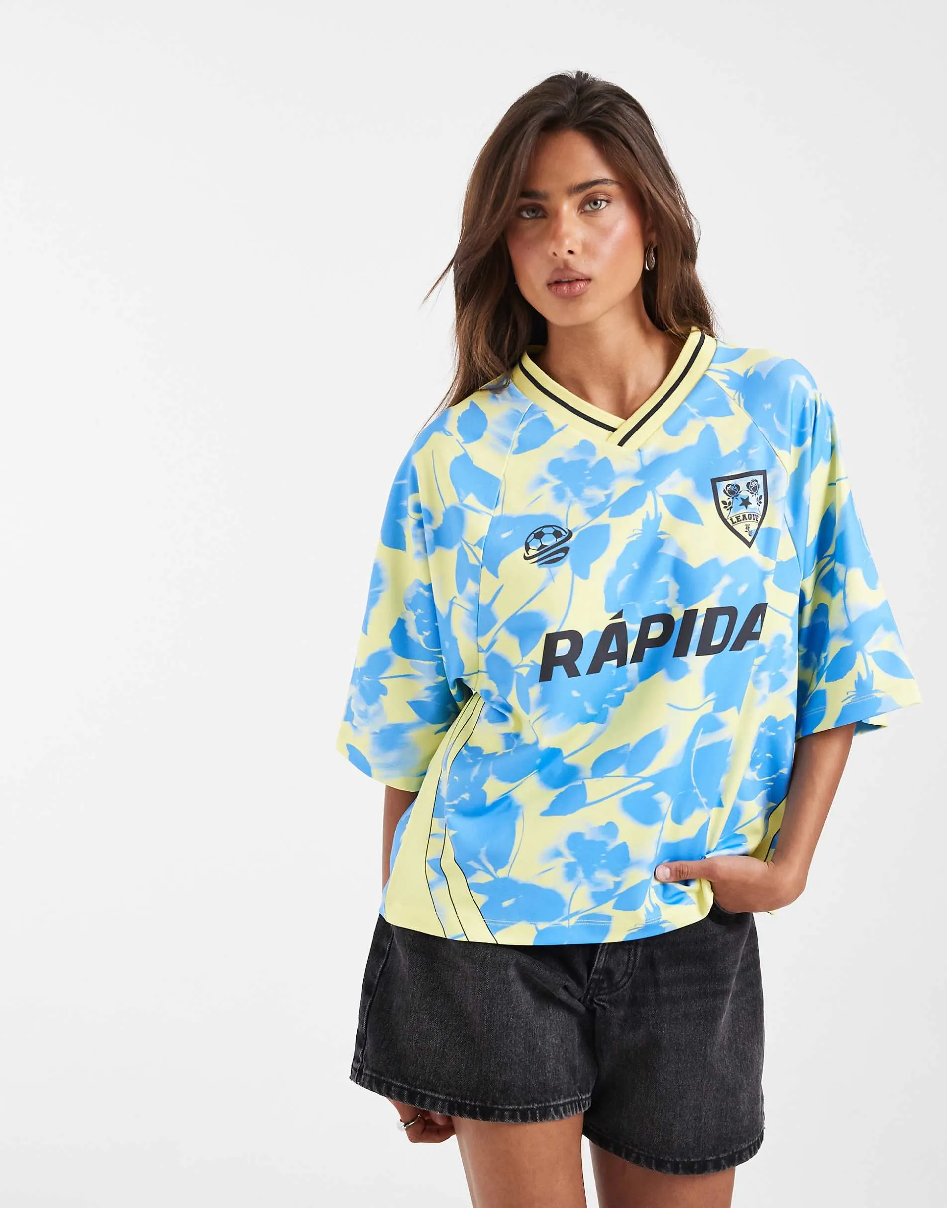 ASOS DESIGN oversized v neck football shirt with embroidered graphic in blue and yellow floral