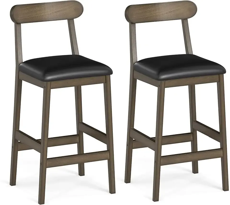 Giantex Farmhouse Bar Stools Set of 2, 29.5" Upholstered Bar Height Stools with Rubber Wood Legs, Curved Backrests, Padded Seat & Footrest, Wooden Bar Chairs for Kitchen Island, Dining Room, Home