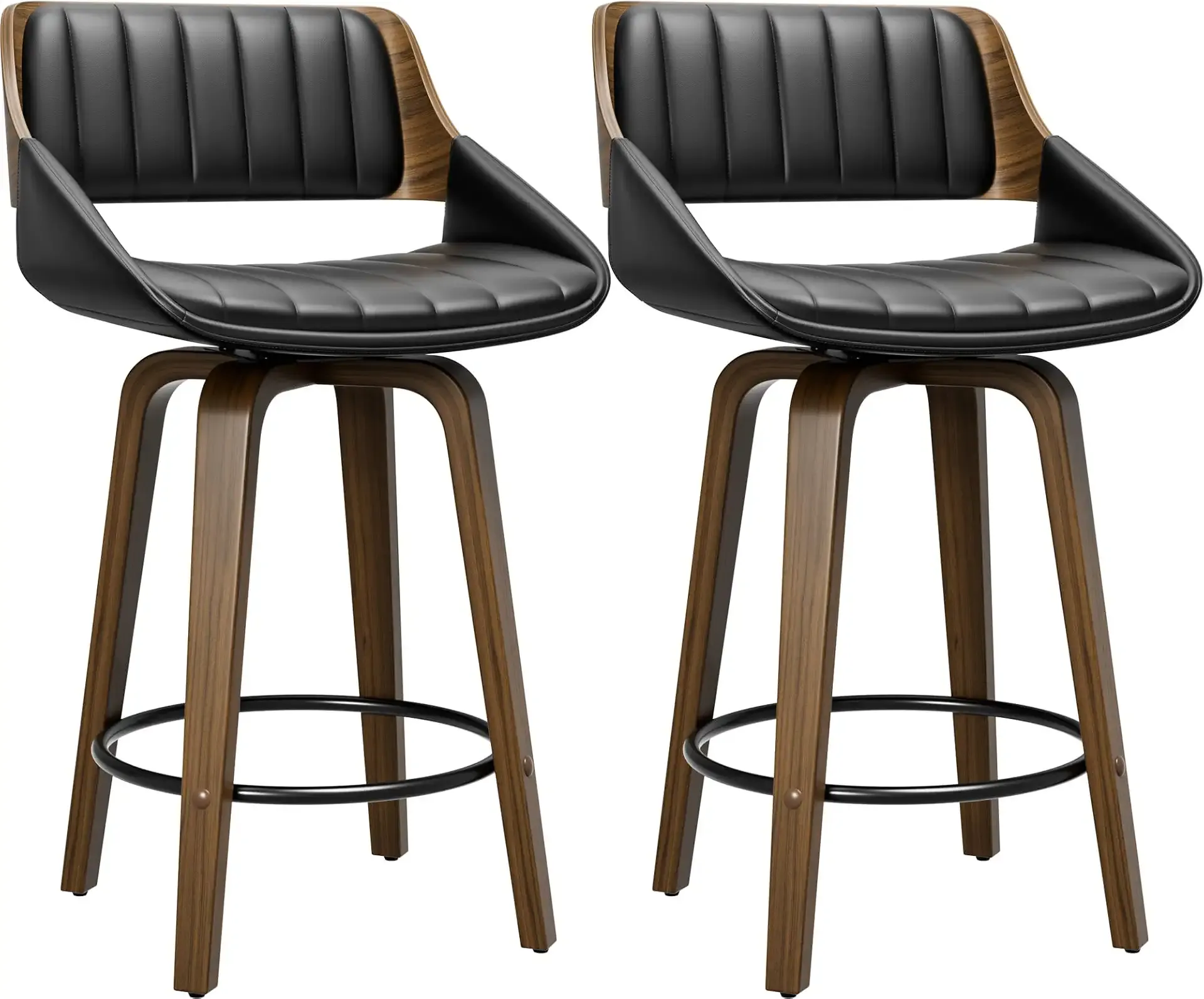 YaFiti Bar Stools Set of 2, 26" Swivel Counter Height Barstools with Bentwood Back and Legs, Mid Century Modern Upholstered Faux Leather Counter Stools for Kitchen Island, Bar, Dining Room, Black