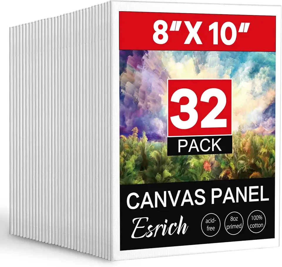 ESRICH 8x10 Canvas for Painting, 8x10 Inch Value Pack of 32, Canvas Boards for Painting, Painting Canvas for Adult & Kids-Cotton Primed Blank Canvas Panels for Oil, Watercolor, Acrylic, Tempera.
