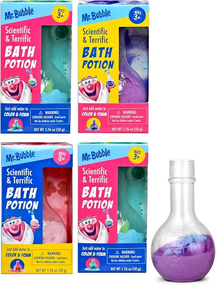 Mr. Bubble Kids Original Bath Bomb Potions - Colorful Fizzy Fun - Cool Foam and Bubble Science Beaker Bath Toys (Pack of 4)