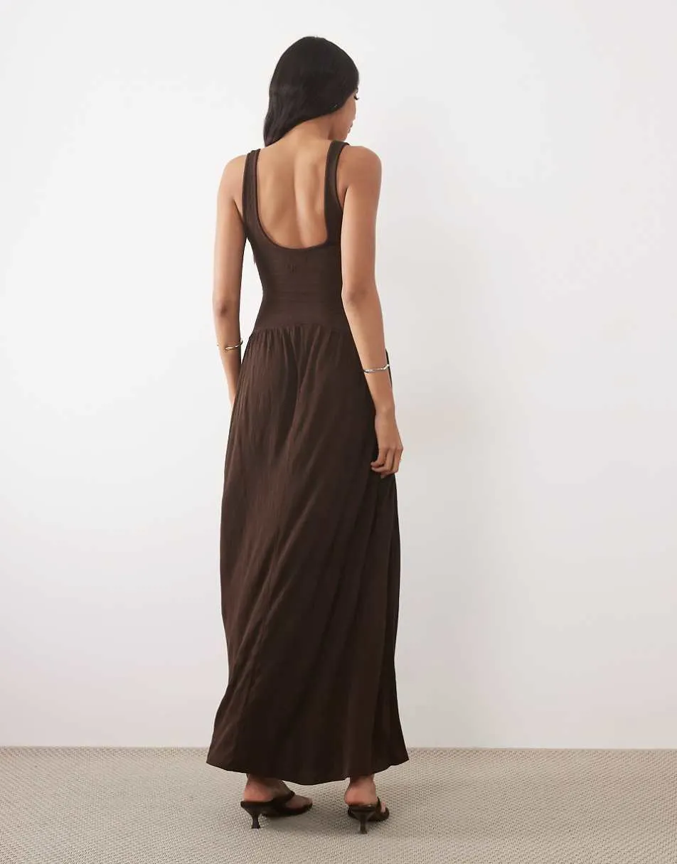 ASOS DESIGN crinkle button through midi dress in chocolate
