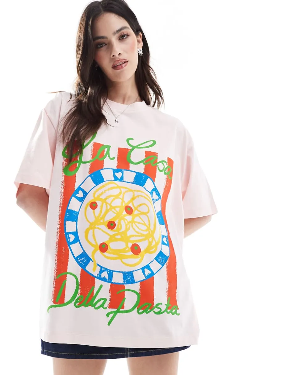 ASOS DESIGN Oversized T-shirt with pasta graphic in pink