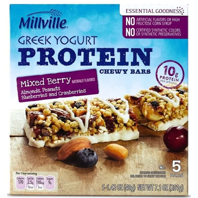 Millville Mixed Berry Greek Yogurt Protein Chewy Granola Bars, 5 count