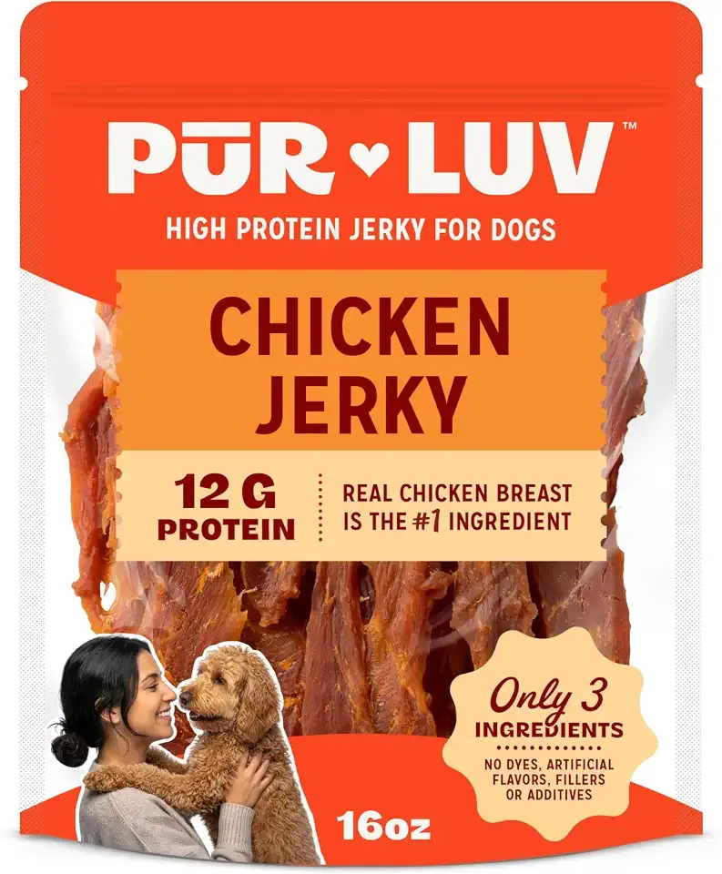 Pur Luv Chicken Jerky Dog Treats, Made with 100% Real Chicken Breast, 16 Ounces, Healthy, Easily Digestible, Long-Lasting, High Protein, Satisfies Dog's Urge to Chew